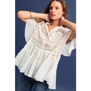 Anthropologie Akemi + Kin Lindy Popover Ruffle Eyelet Blouse Top Size Large NWT
